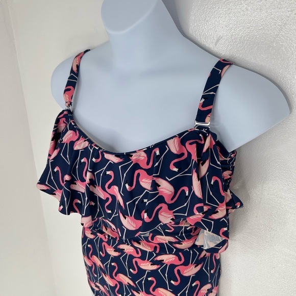 Eloquii Ruffle Off The Shoulder‎ Flamingo One piece Swimsuit Size 16W Beach - Picture 4 of 13
